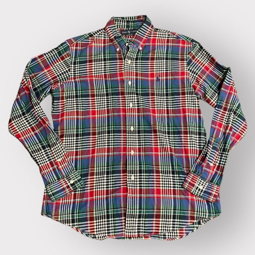 Vintage Ralph Lauren CUSTOM FIT Plaid Button Up Shirt | Red Green Navy | Large
